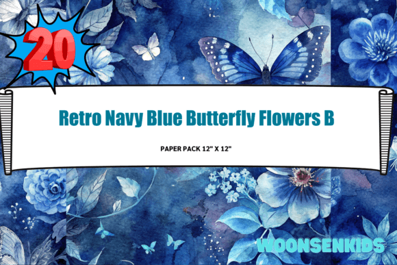Download New Retro Navy Blue Butterfly Flowers Background Watercolor Png Kdp Digital Paper - Navy blue Collection