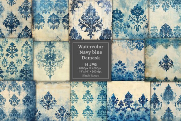 Download Vintage Navy Blue Damask Digital Paper - Navy blue Collection
